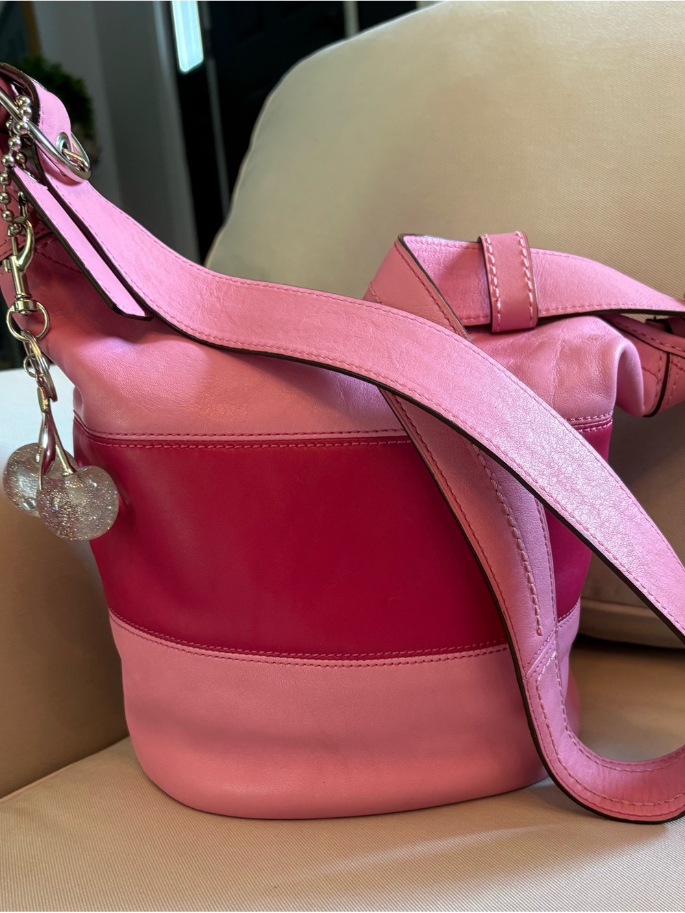 COACH Alternating Pink
Leather Rugby
Stripes Bleeker duffle crossbody. RARE!